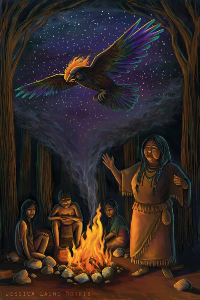  Rainbow Crow Lenape Legend. Native American folklore. Childrens book fantasy illustration. 