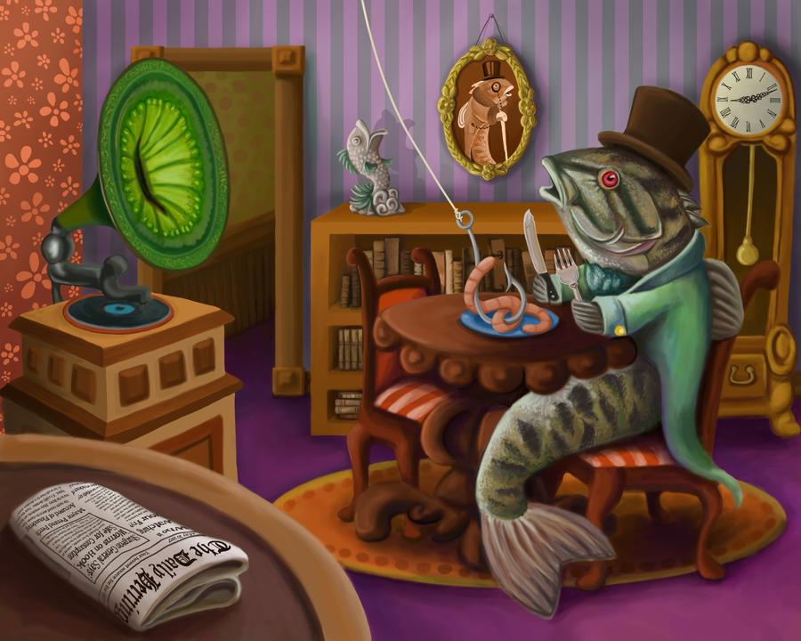 Editorial Illustration. Victorian Fish eating worm. Childrens book fantasy illustration.