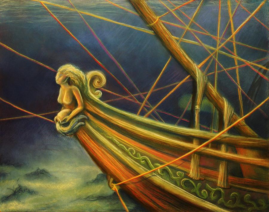 Underwater sunken pirate ship. Childrens book fantasy illustration.