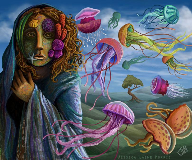  Jellyfish flying coral reef mask. Childrens book fantasy illustration. 