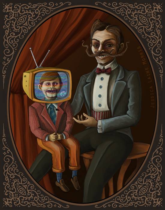 Editorial Illustration. Ventriloquist Puppet Vintage Tv Freak Show Side Show.