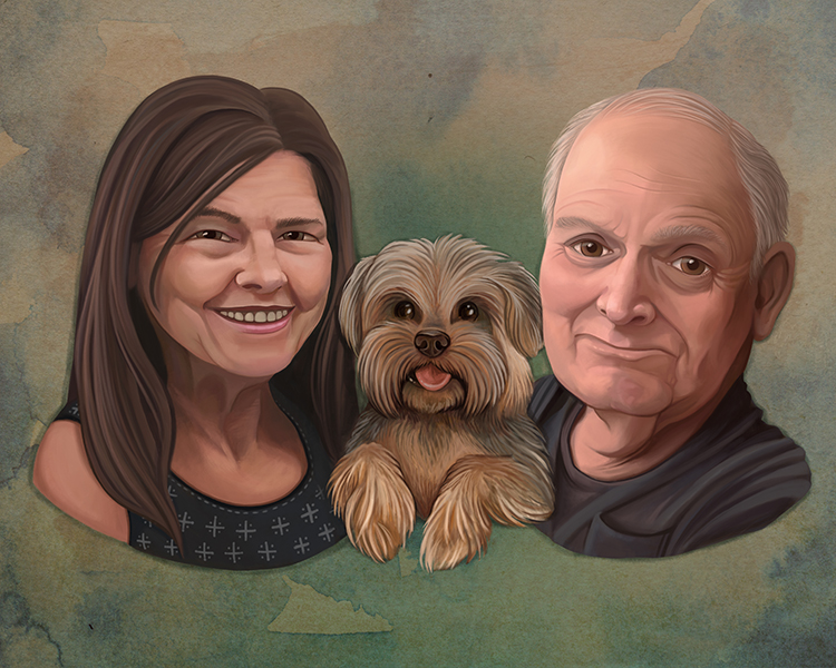 Digital Family Portrait Painting Illustration with Yorkie Pet Portrait