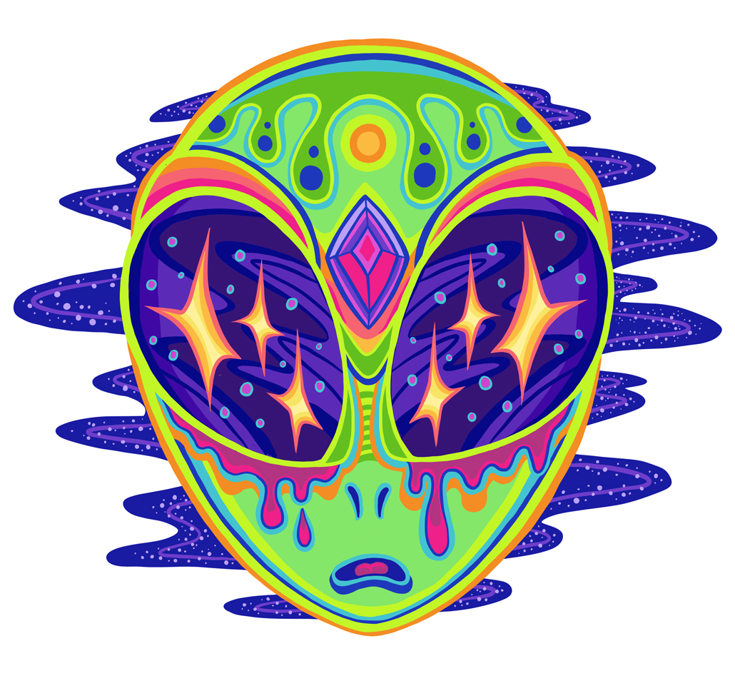 Colorful Trippy Alien Outer Space Head Cartoon Illustration Logo Graphic by Jessica Laine Morris