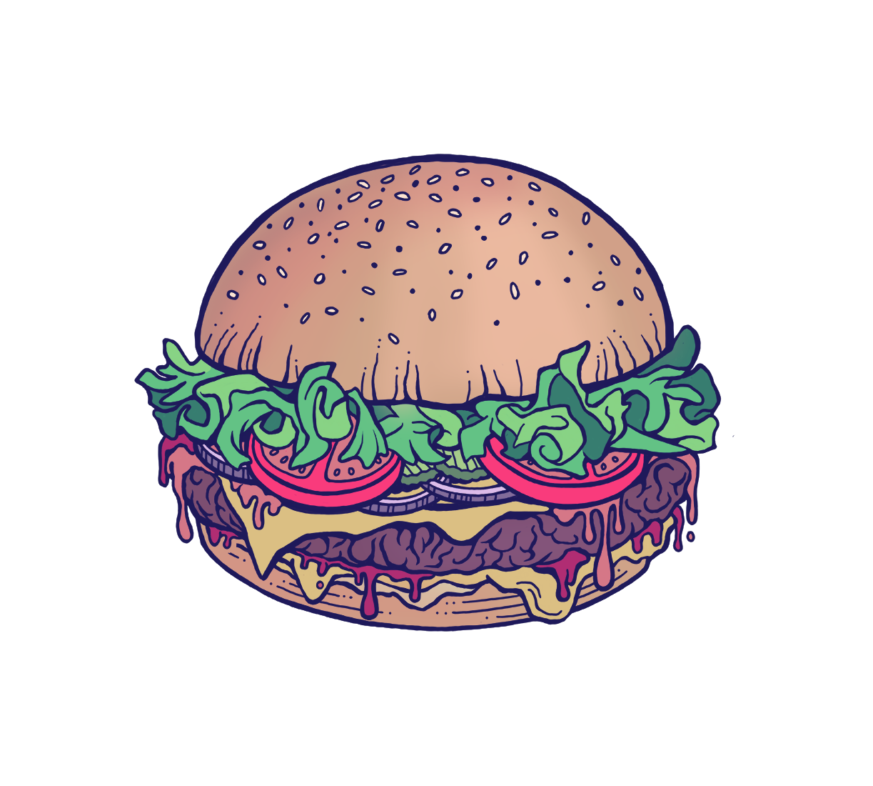 Hamburger Cheeseburger with Everything Cartoon Illustration Logo Graphic by Jessica Laine Morris