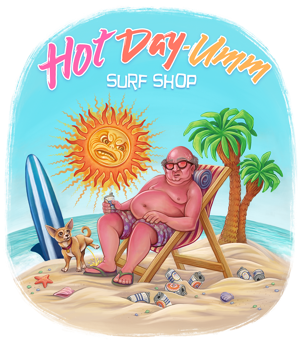 Colorful Graphic Funny Sunburned Overweight Man on Beach Surf Shop Cartoon Illustration Logo Graphic by Jessica Laine Morris
