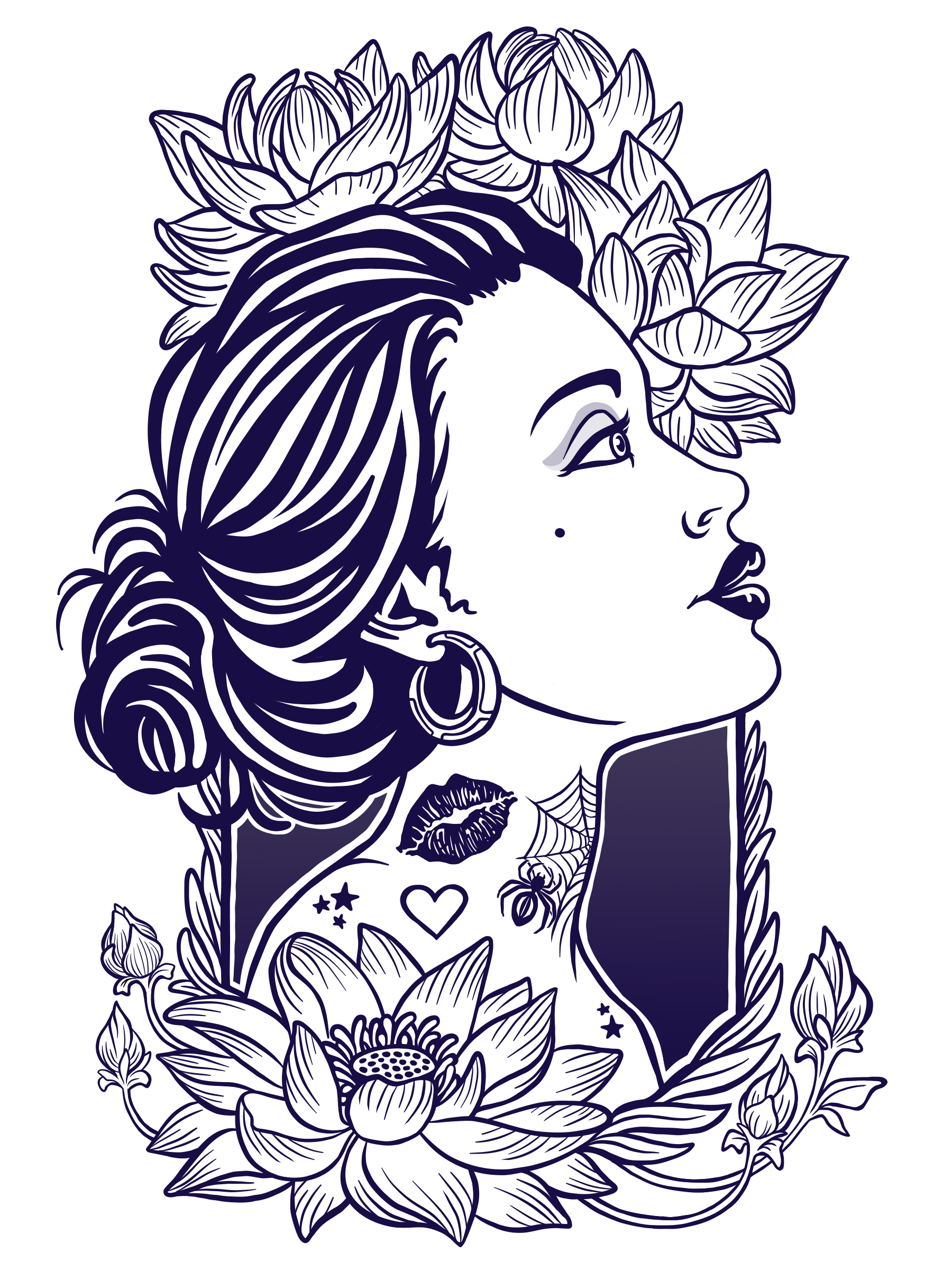 Bold Black and White Profile with Floral Peony Border Cartoon Illustration Logo Graphic by Jessica Laine Morris 