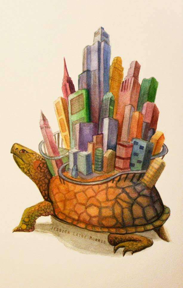 Editorial watercolor print illustration of turtle with city built on its back. Childrens book fantasy illustration.