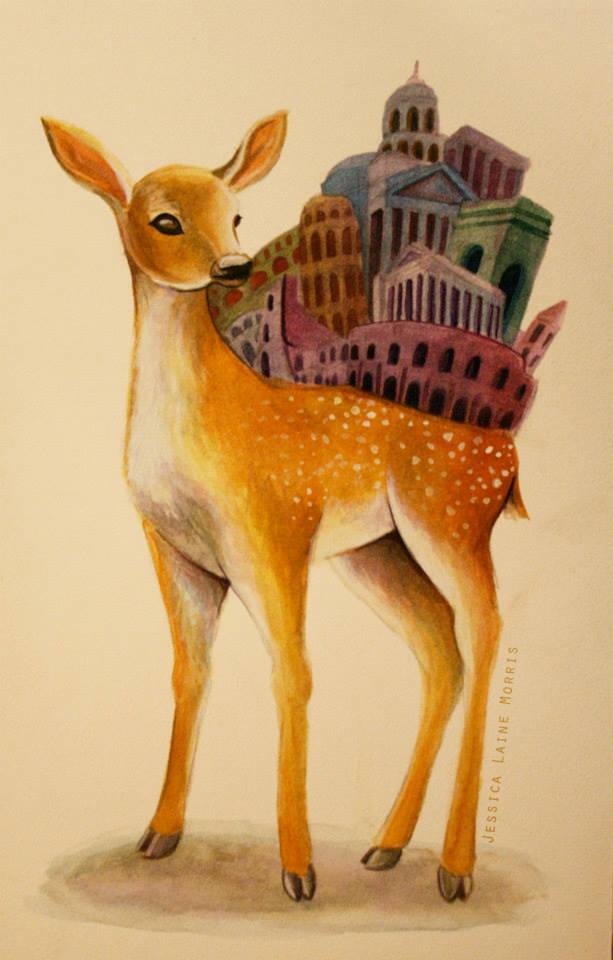 Editorial watercolor print illustration of fawn deer with city built on its back. Childrens book fantasy illustration.