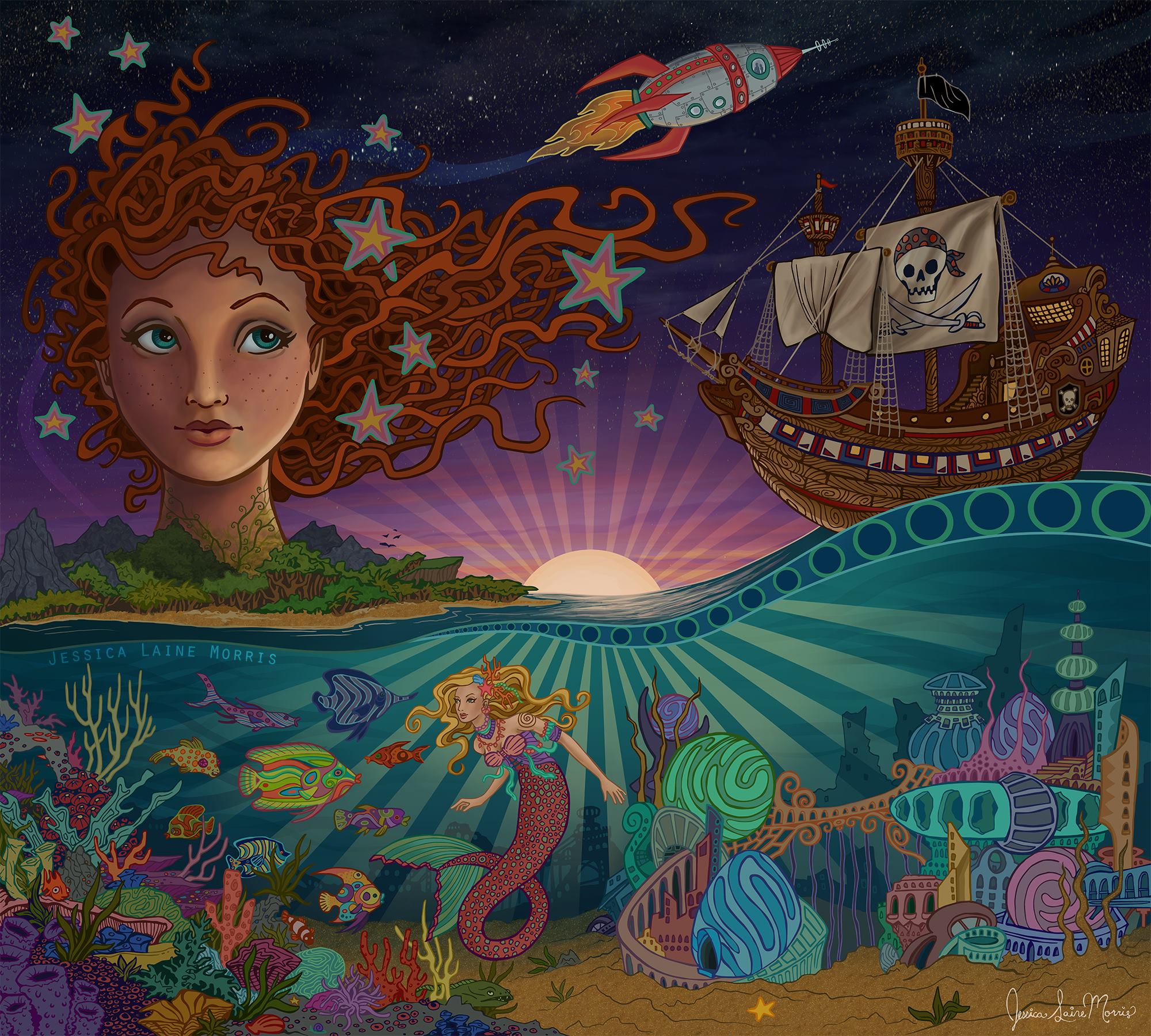 Mermaids and pirates Imagination mural. Brownsburg Public Library. Childrens book fantasy illustration. 