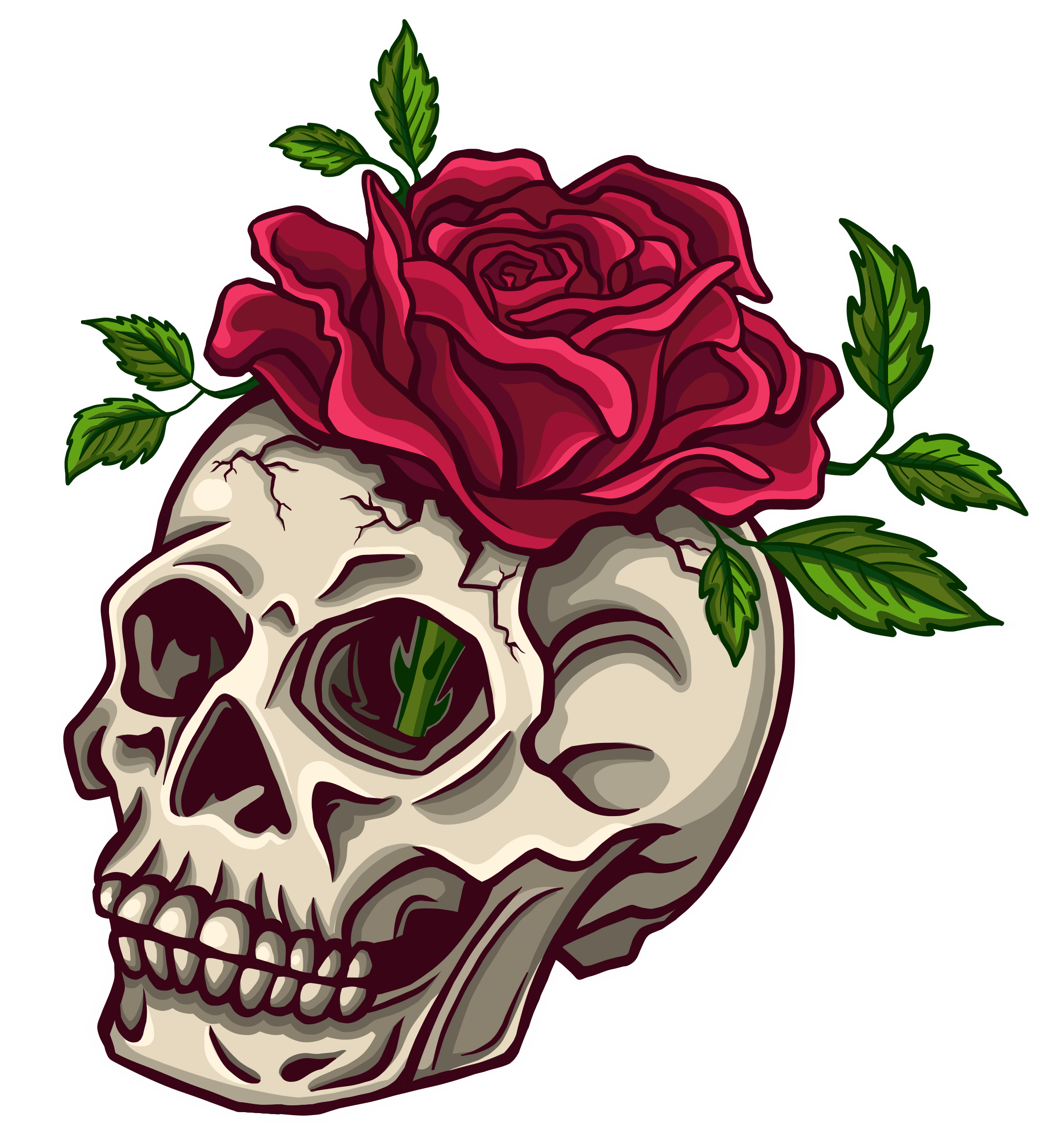 Bold Colorful Floral Red Rose and Skull Cartoon Illustration Logo Graphic by Jessica Laine Morris