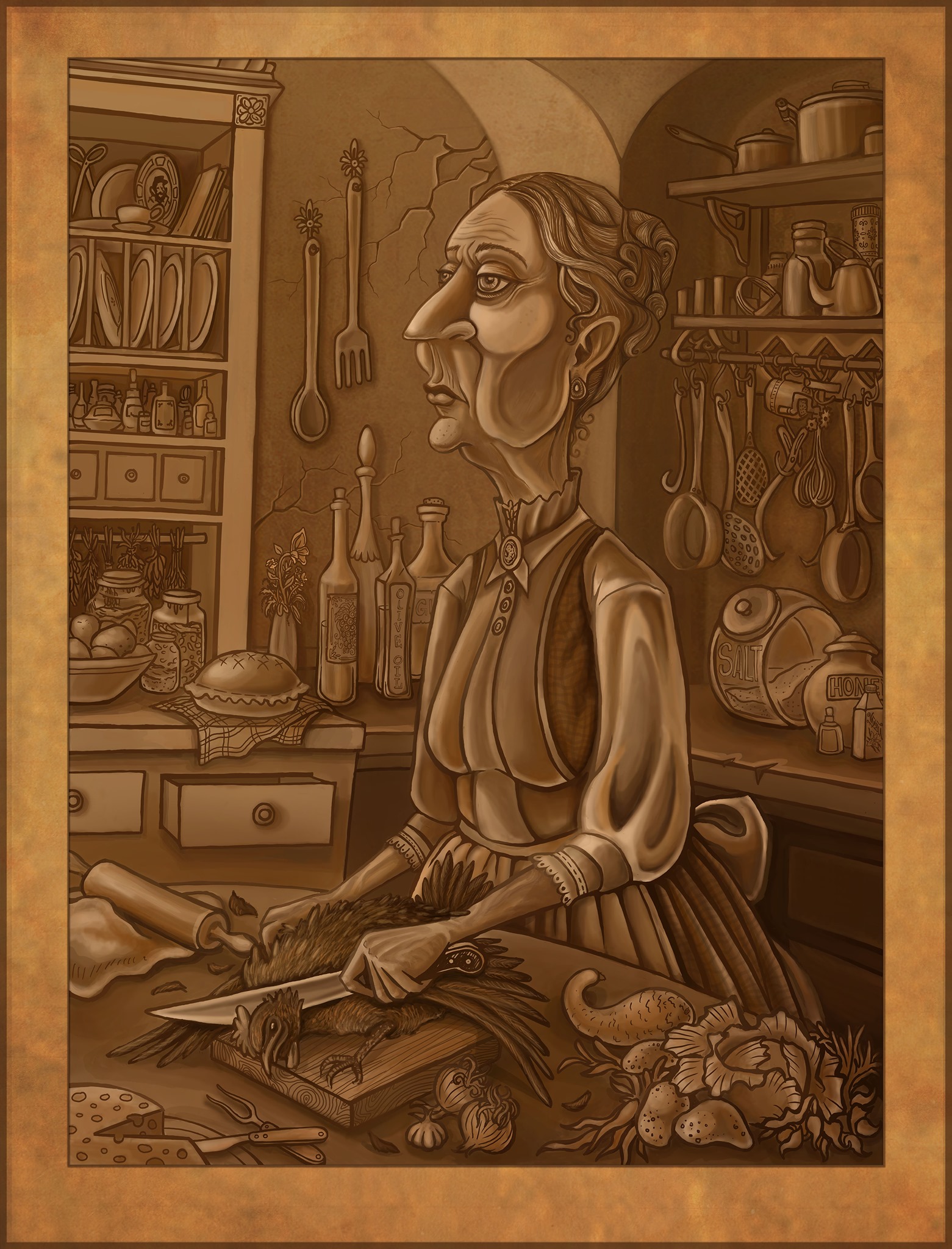 Victorian sepia tone woman maid cook in kitchen chopping chicken. Childrens book fantasy illustration