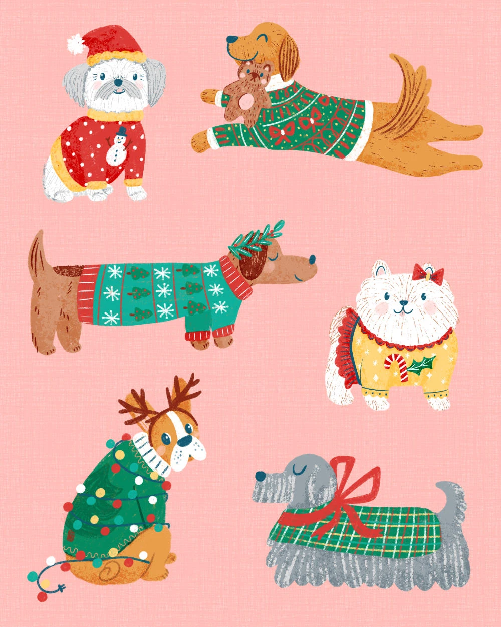 Original illustration of cute dogs in Christmas sweaters