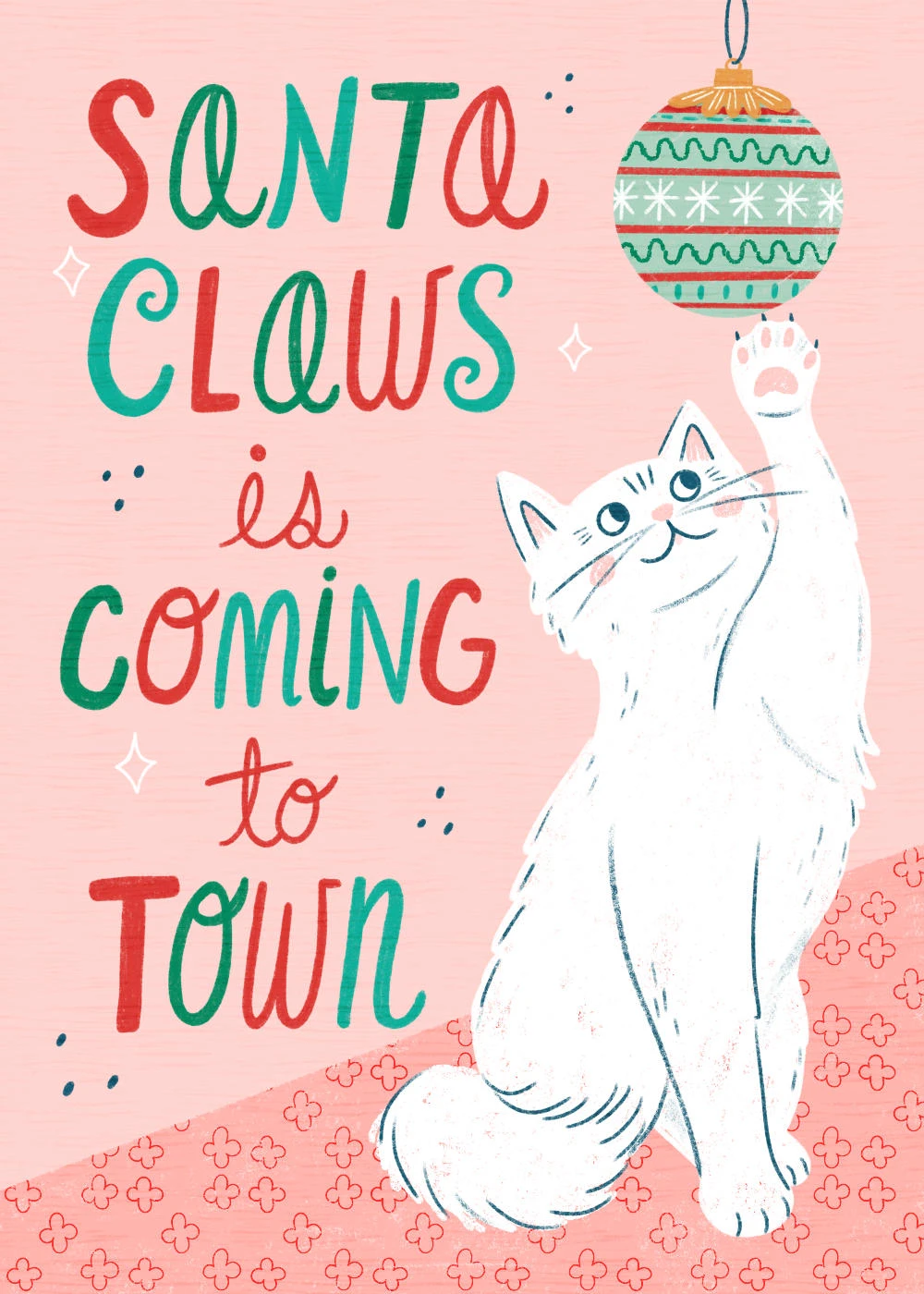 Christmas illustration of white cat featuring hand lettering