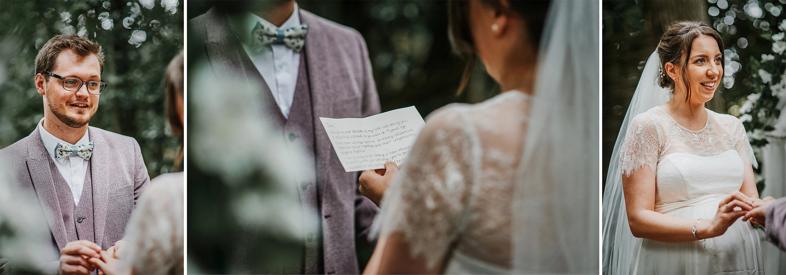 Groom exchanging ring to bride at Upthorpe Woods, Suffolk, UK.