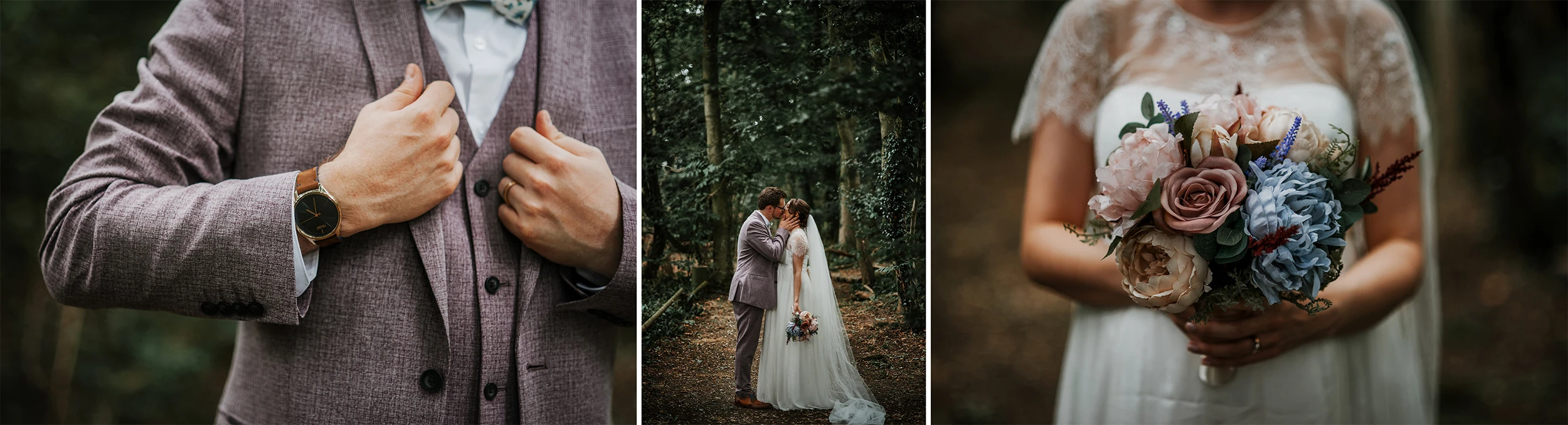 Couple in wedding attire for photography session in the woods, Bury St Edmunds, Suffolk