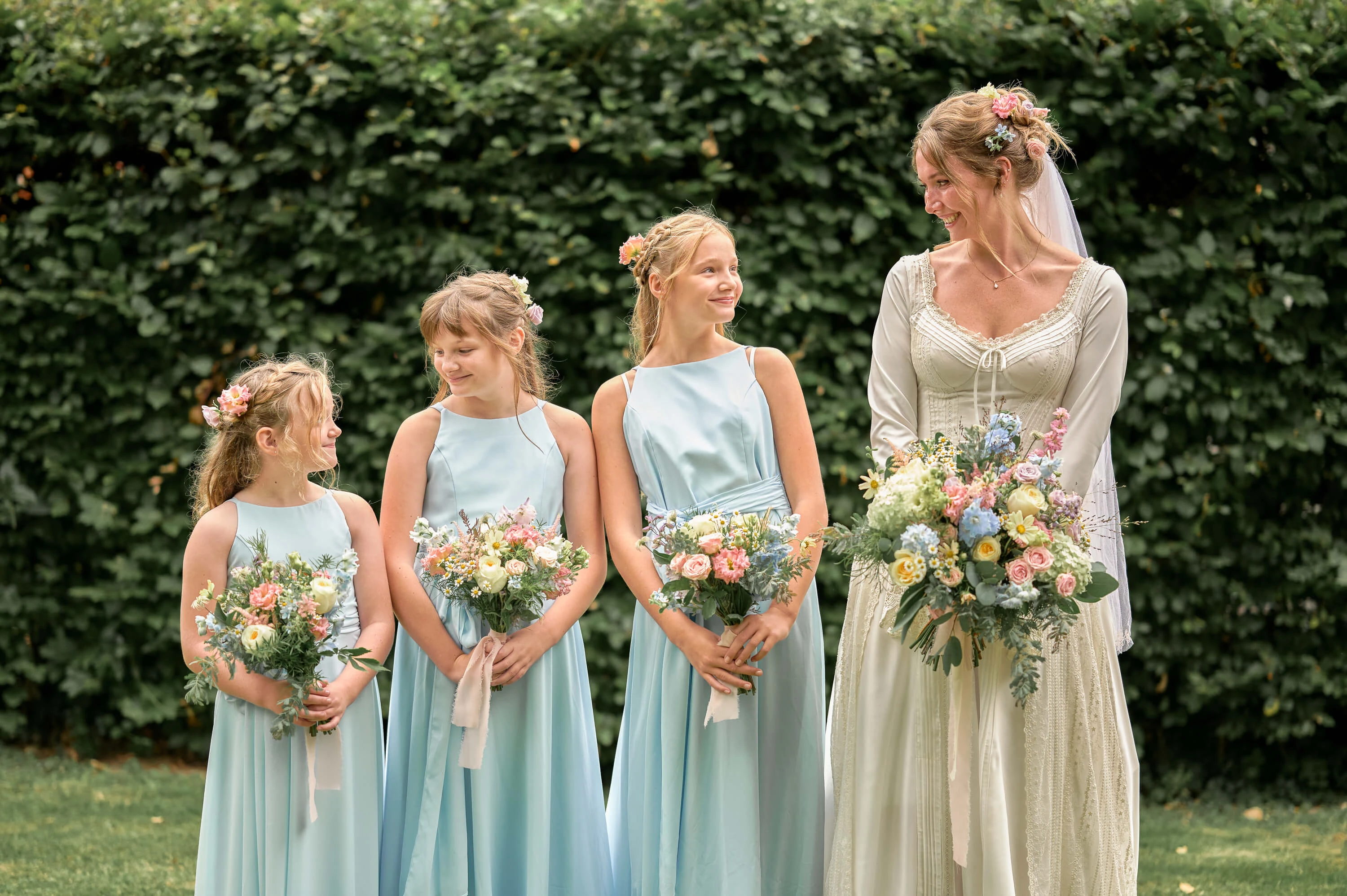 Bride Annabelle having relaxed pre-ceremony portraits at her family home in Canterbury