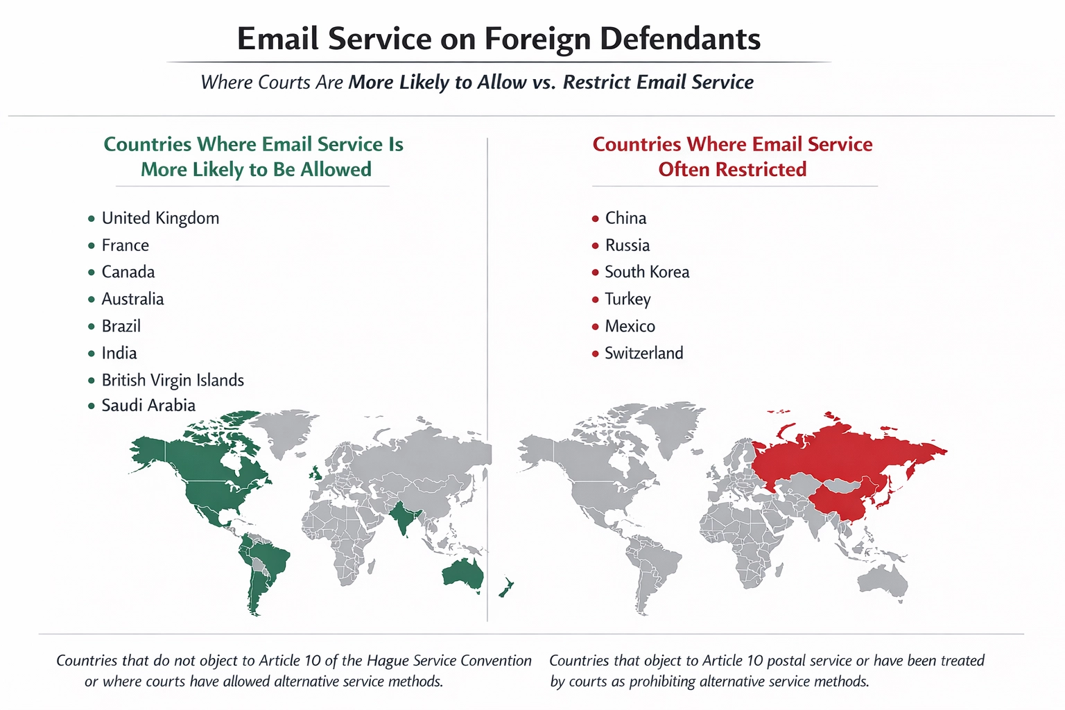 Map of countries- service of process by email under Hague