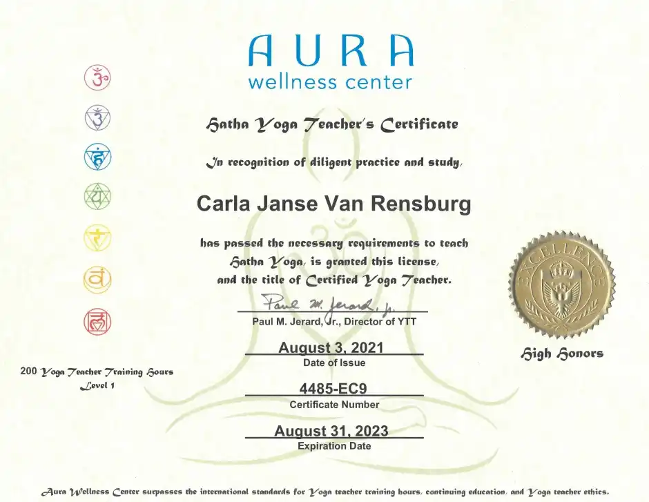 Carla Janse van Rensburg LunAscention Yoga Teacher Training Certificate from Aura wellness with high honors
