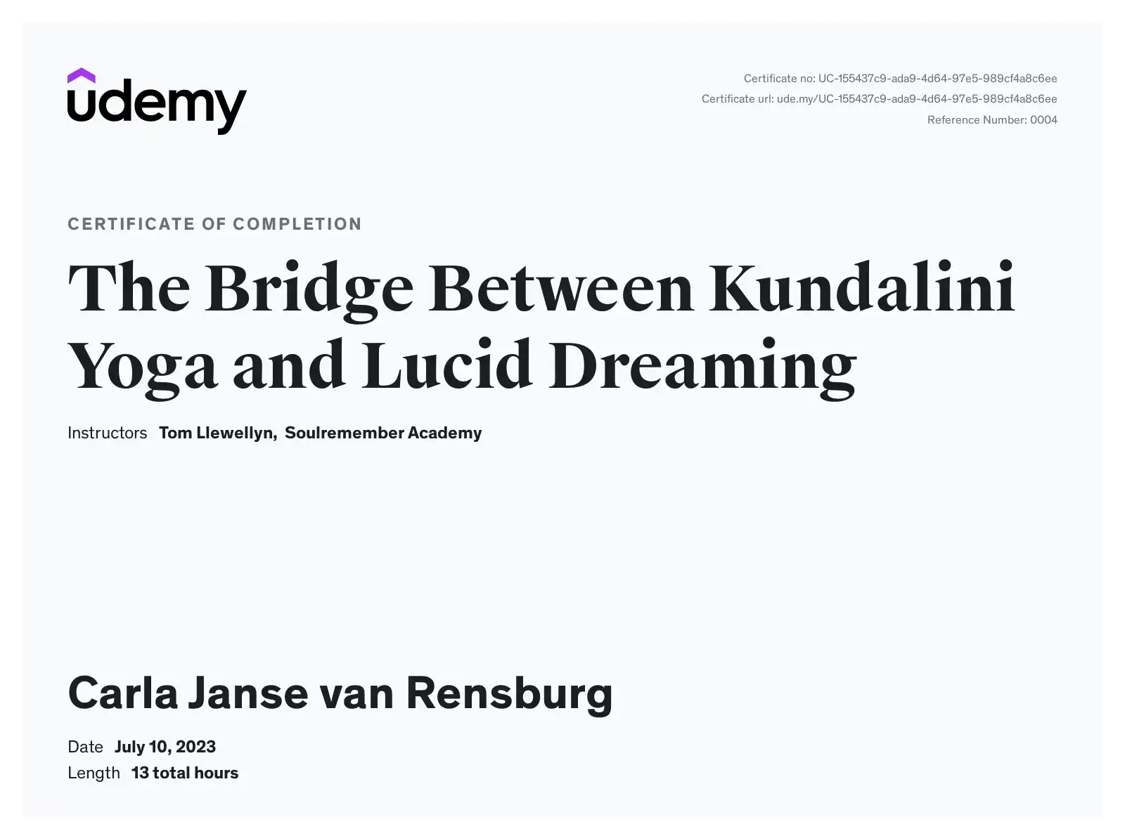 Carla Janse van Rensburg LunAscention Certificate of completion The Bridge Between Kundalini Yoga & Lucid Dreaming