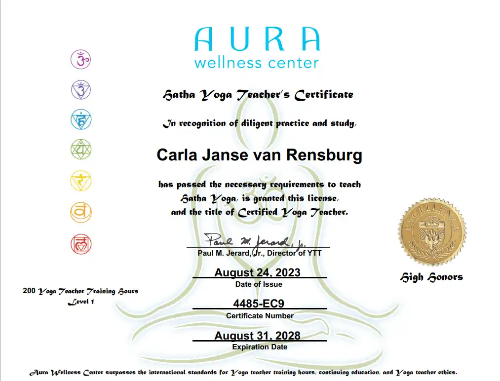 Aura Wellness Centre Hatha Yoga Teachers Certificate Carla Janse van Rensburg High honorsn licence to teach Yoga