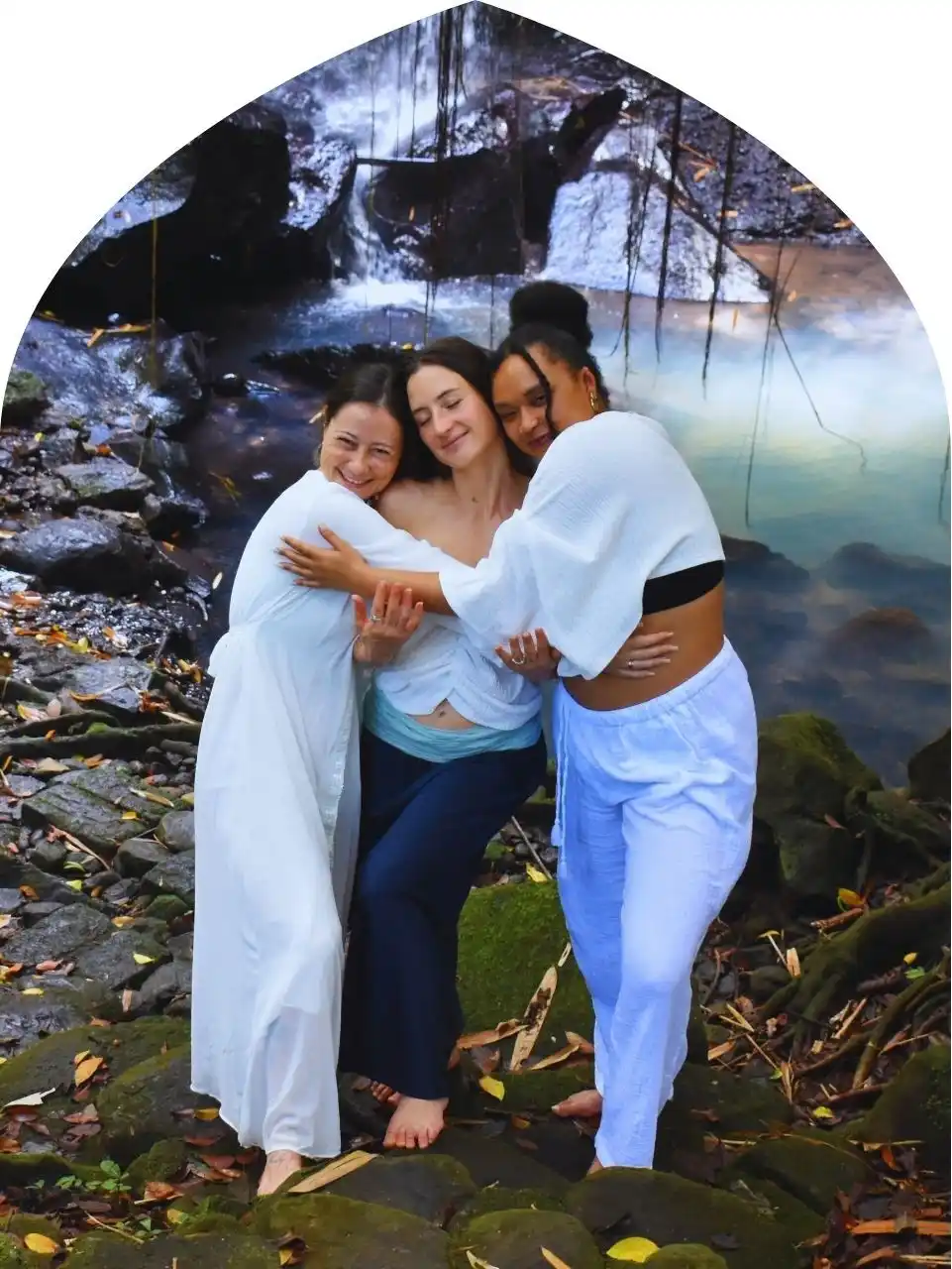 Carla with prayer hands lifted toward the sky, embodying spiritual presence during a Bali retreat.