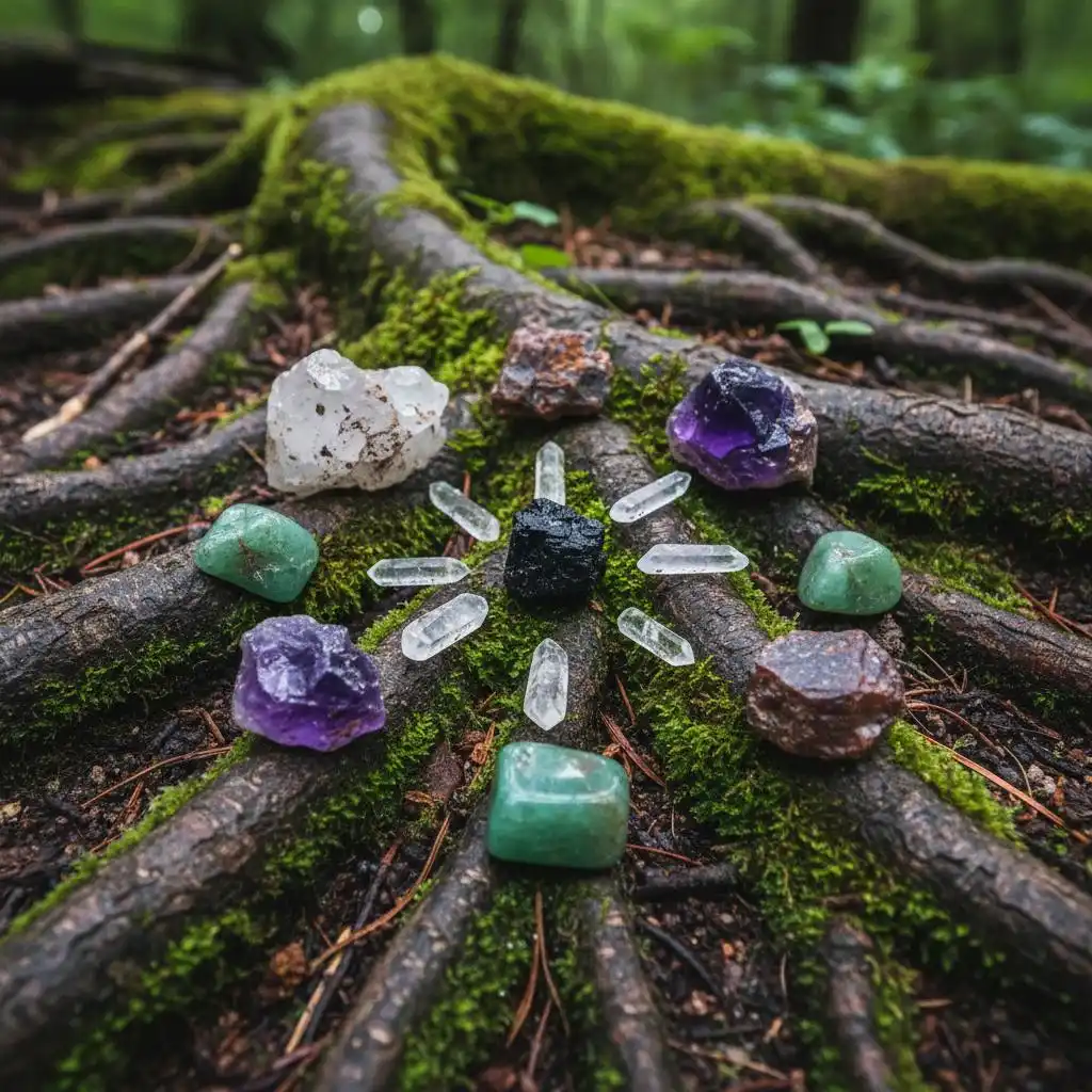 Grounding Into Psychic Awakening Tree roots holding a glowing crystal grid in a forest, symbolizing grounding, psychic awakening, and connection to earth and spirit realms.