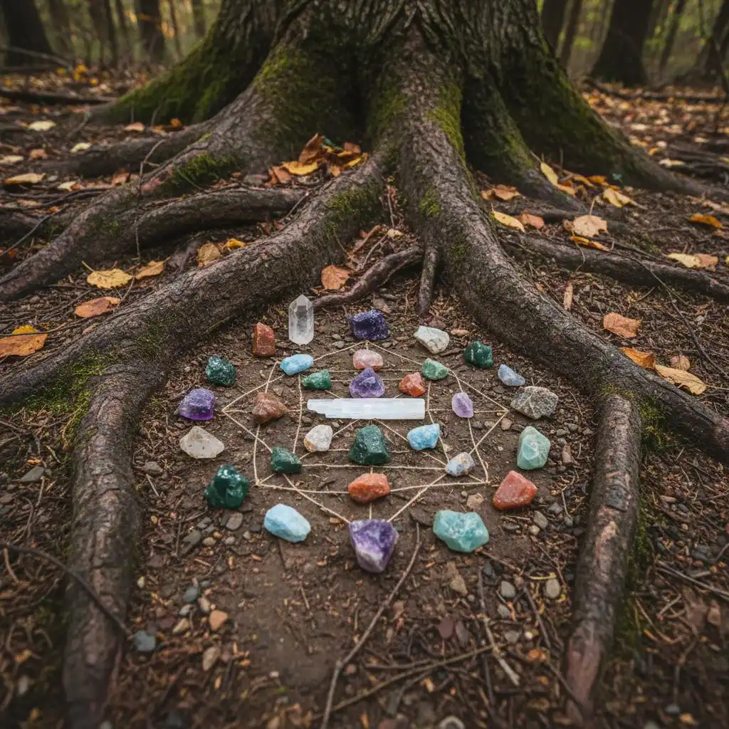 Activating Psychic Gifts Crystal grid among forest roots, symbolizing spiritual grounding, intuitive remembrance, and the activation of psychic gifts in sacred development.