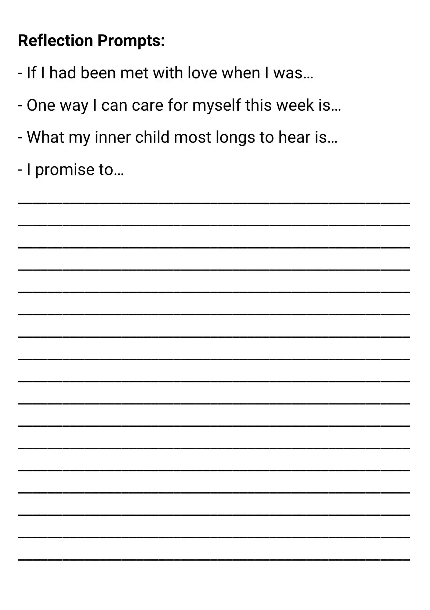 Journaling prompts from the Inner Child Healing Workbook designed to support emotional release and reparenting.