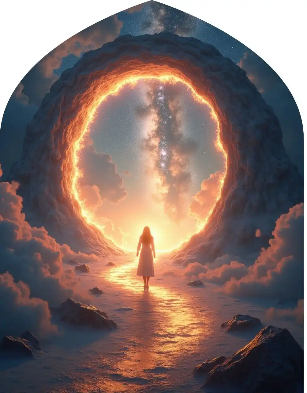 “A woman walking into a bright, glowing portal of light in a cosmic landscape, symbolising stepping into the energy of the year ahead.”