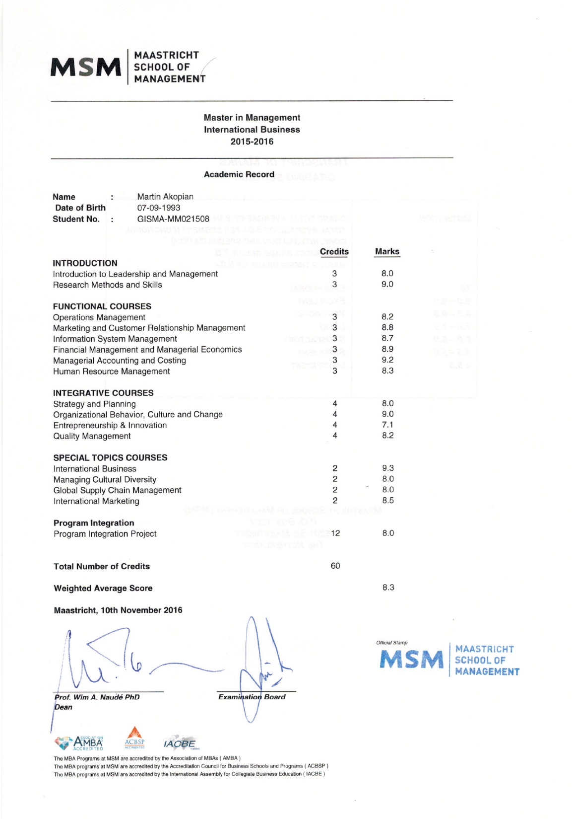 Master diploma transcripts Maastricht School of Management