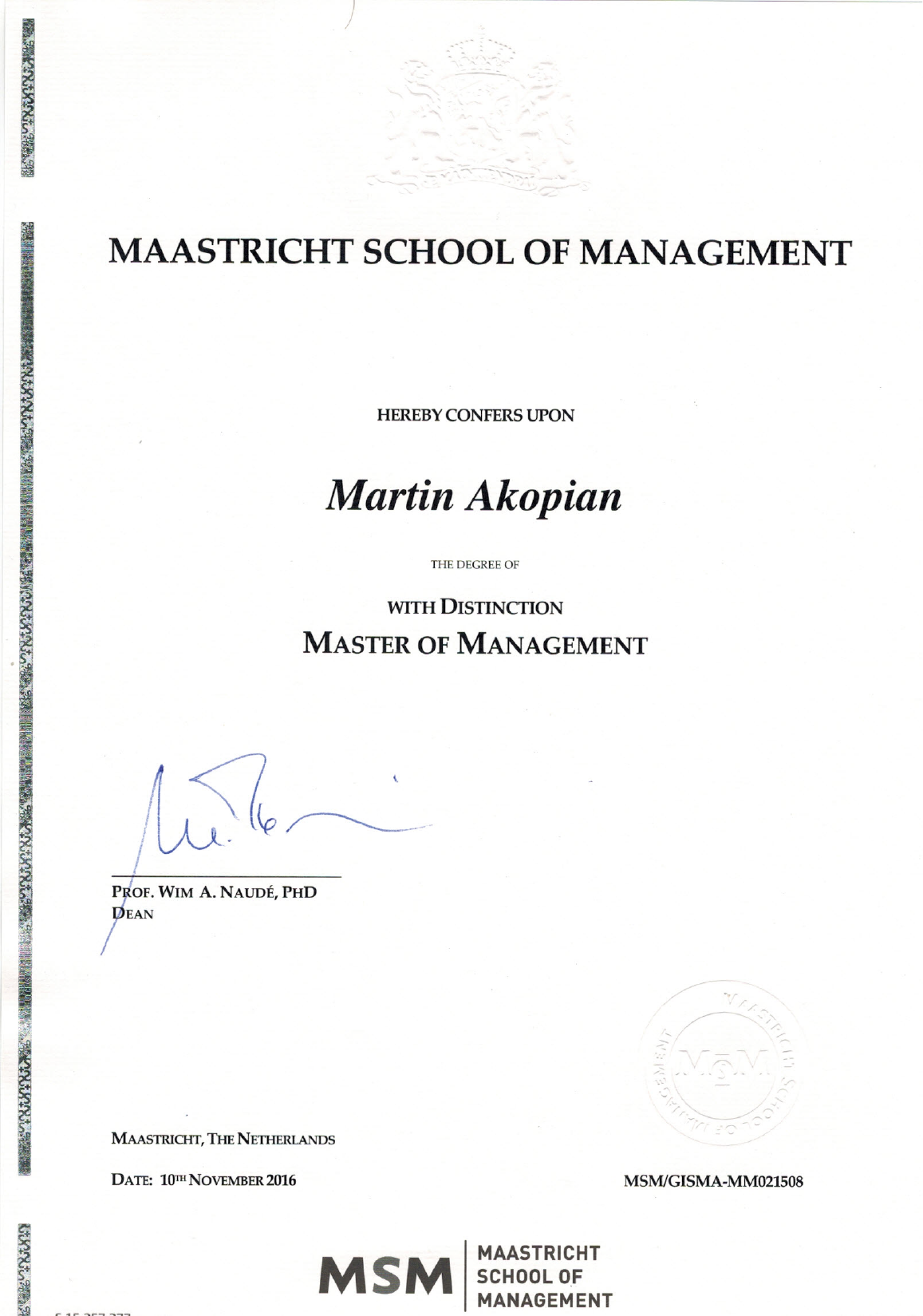 Master Diploma Maastricht School of Management