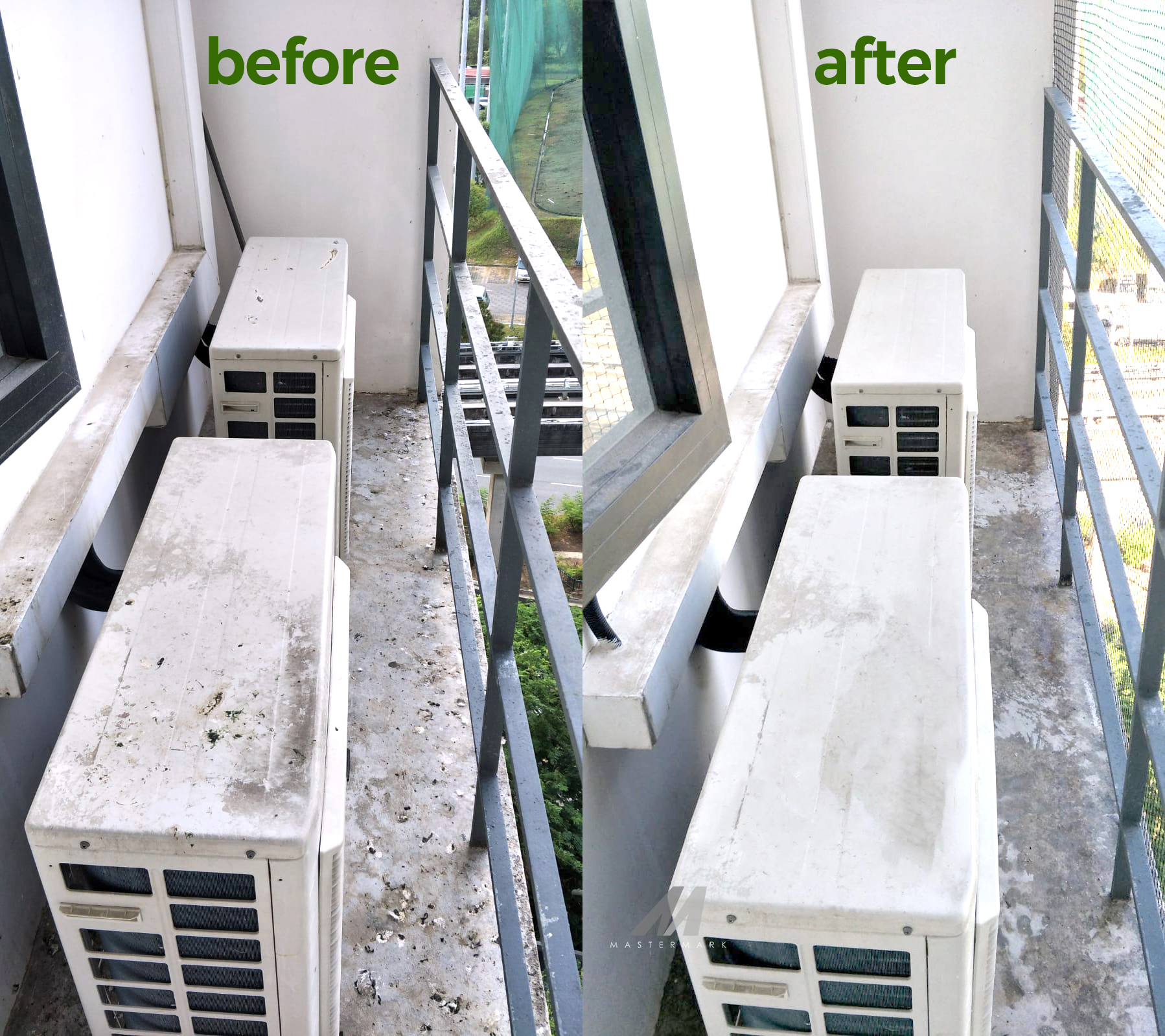 before and after aircon ledge bird proofing and cleaning