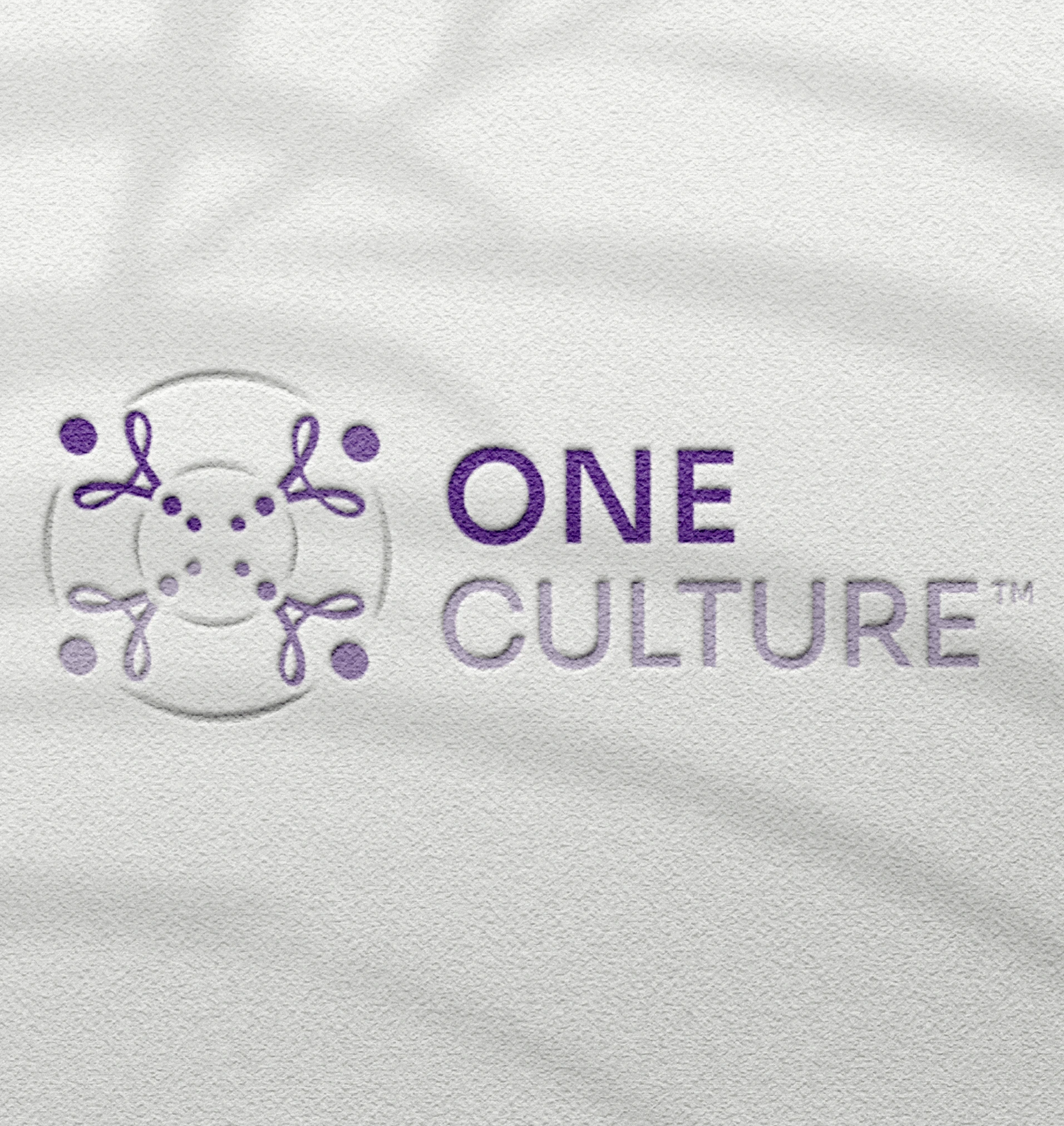 A circle in tones of purple that represent the One Culture logo in a mockup light background