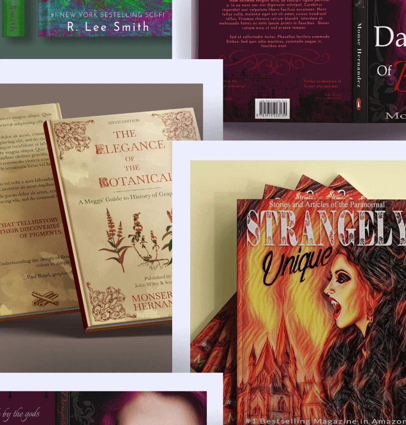 various book covers designs in different systle of book mockups put together in one picture to showcase my collection of books covers designed