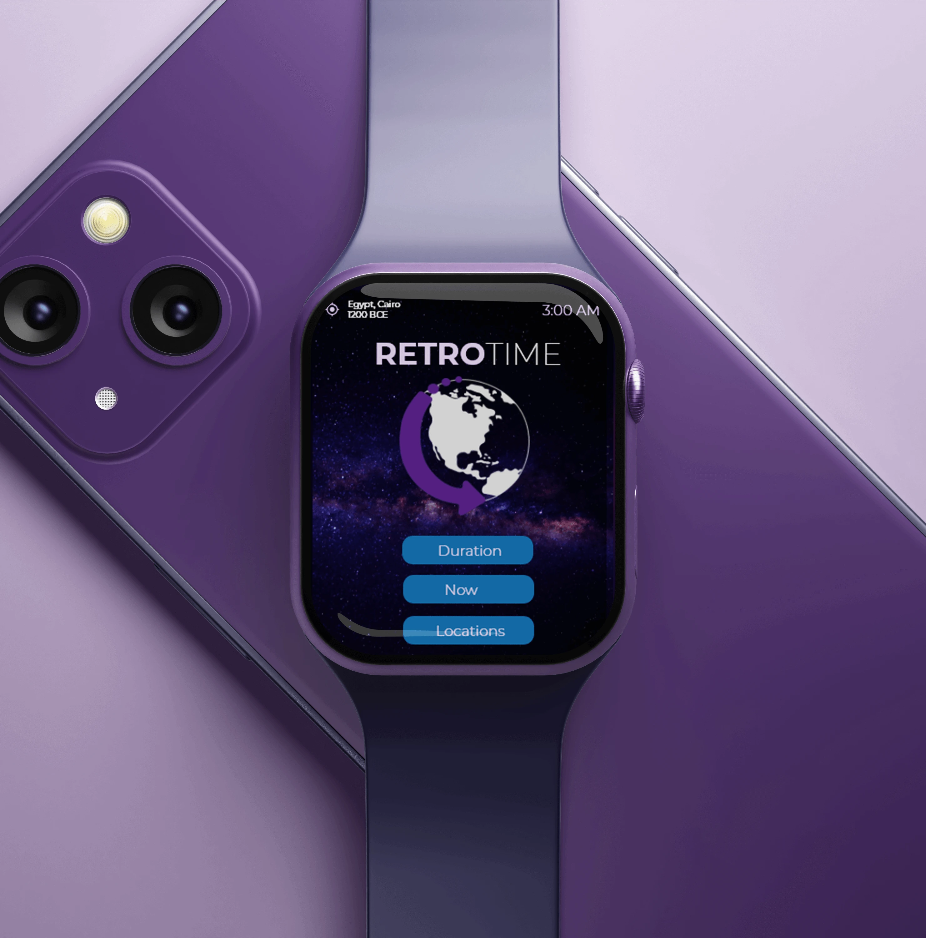 the mockup of an apple watch with the screen of RetroTime app 