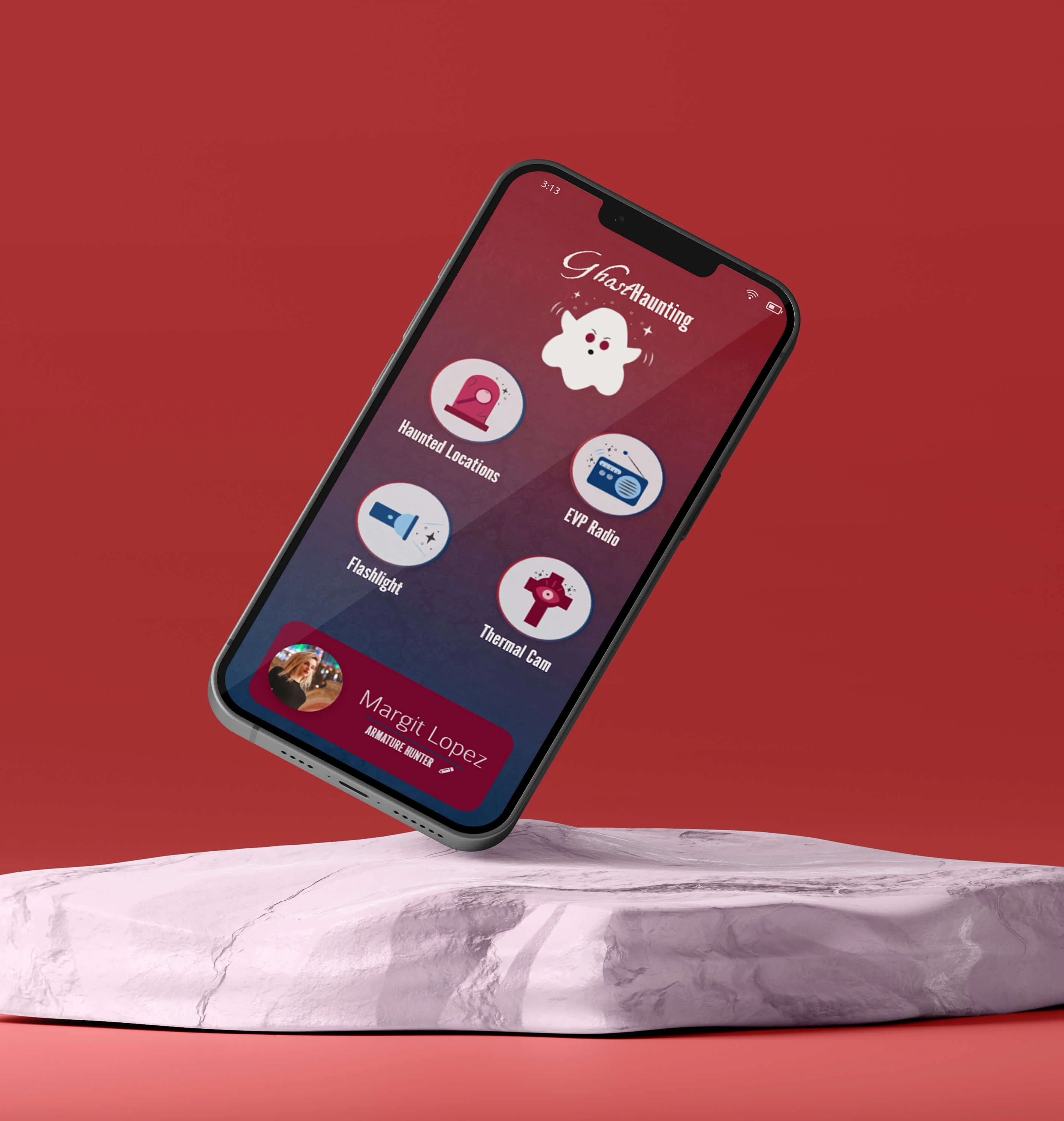 A mockup of a phone in a rock showing off the interface of the Ghost Haunting App UI/UX