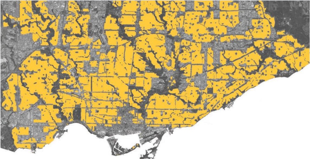 A map of Toronto with lands designated "Neighbourhoods" in yellow.