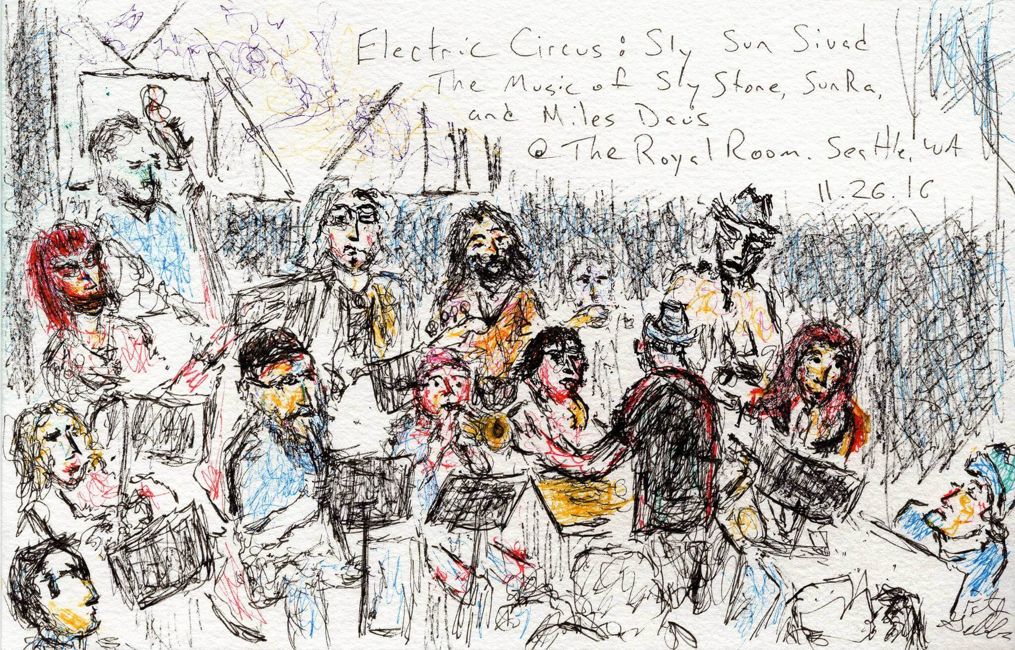 pen and ink illustration by Patrick Gibbs of Seattle musicians performing in the band Electric Circus at the Royal Room