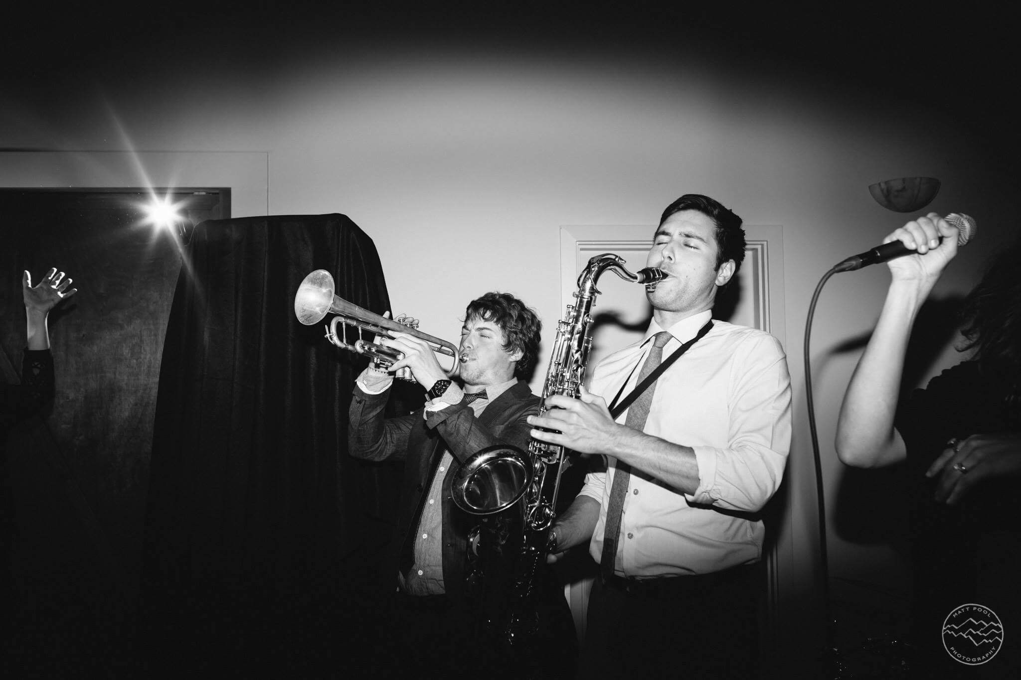 Ray Larsen playing trumpet and Scott Macpherson playing alto saxophone at a wedding in Seattle with the band The Fabulous Party Boys