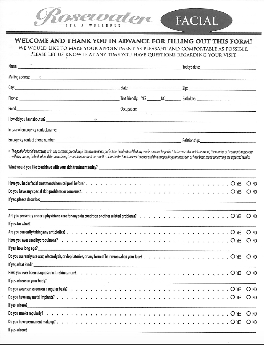 Facial Form Printable Facial Form - Rosewater Spa & Wellness