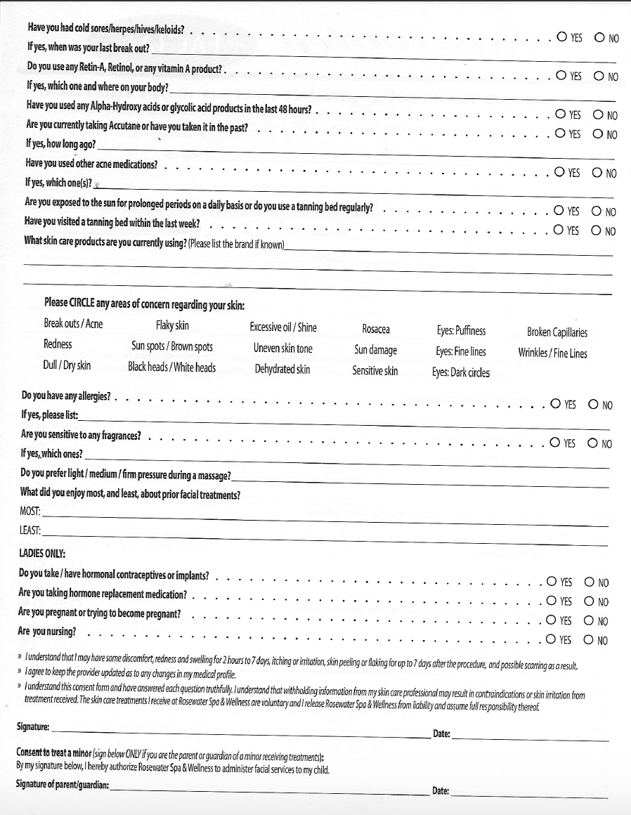 Facial Form Printable Facial Form - Rosewater Spa & Wellness