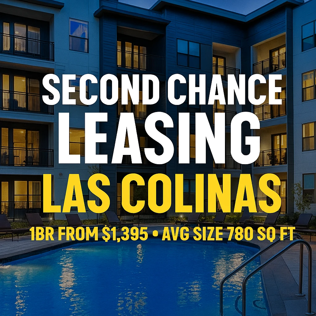 📍Las Colinas Second Chance Leasing – Waterfront Views, Urban Luxury & Flexible Approval | 1BR from $1,395 | Avg Size 780 Sq Ft