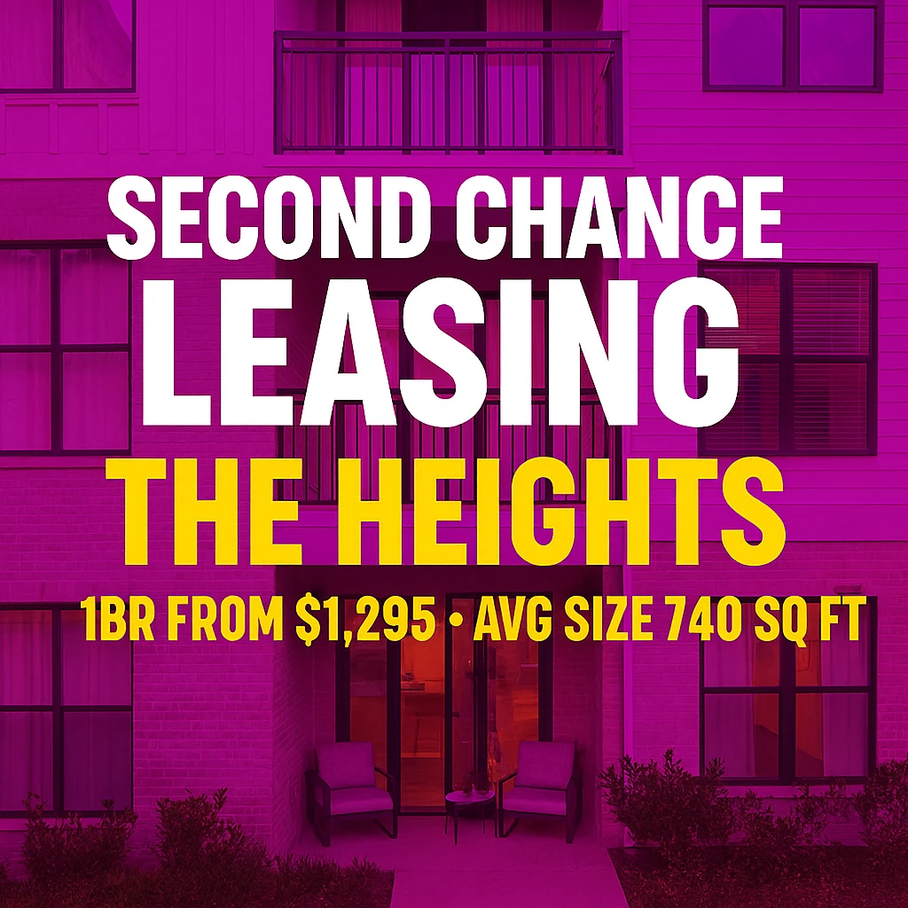 🏡 Second Chance Leasing in The Heights – 1BR Comfort with Historic Soul & Modern Access | $1,295–$1,384 | 509–786 Sq Ft