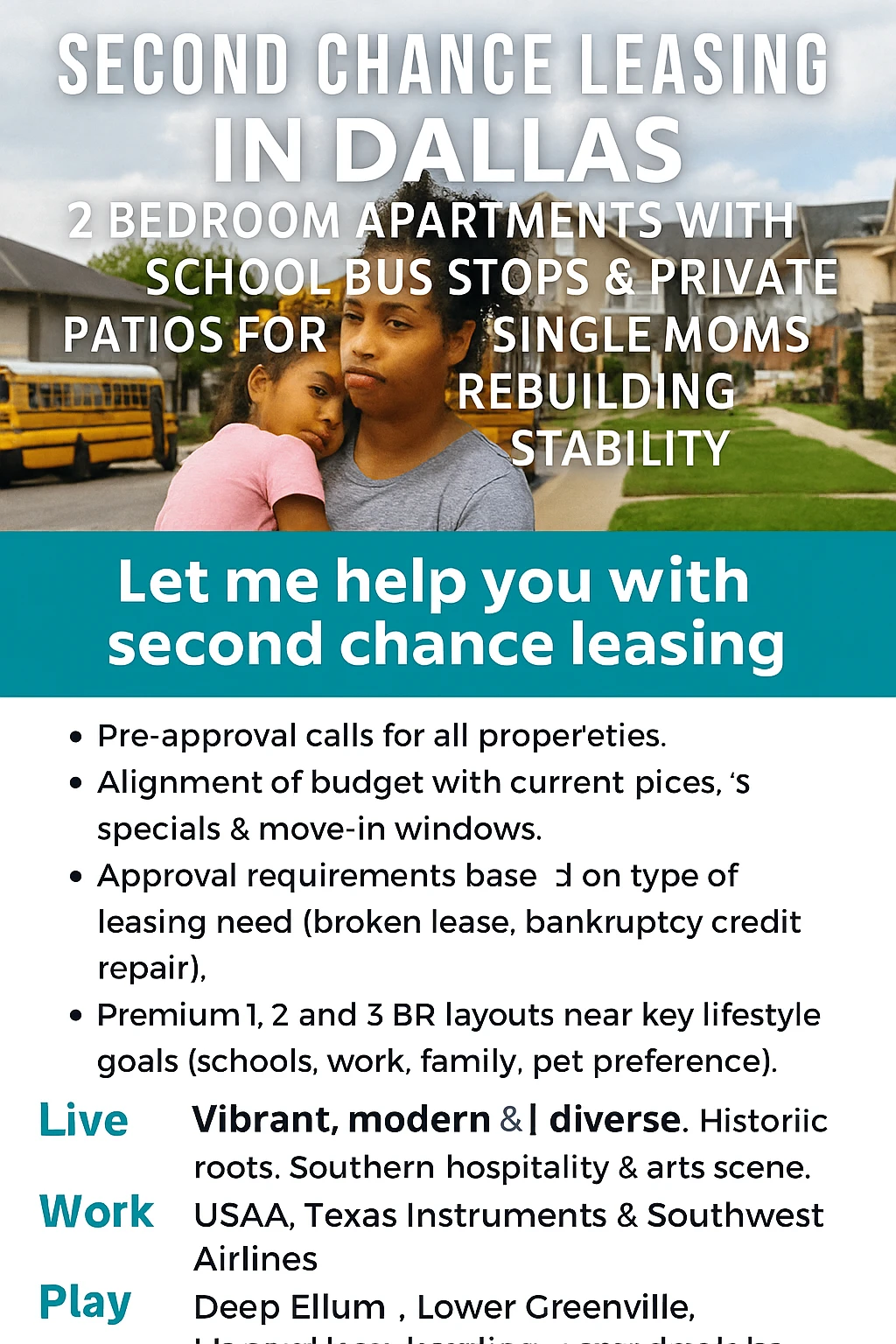 👩‍👧‍👦 Second Chance Leasing in Dallas | 2-Bedroom Apartments with School Bus Stops for Single Moms Rebuilding Stability