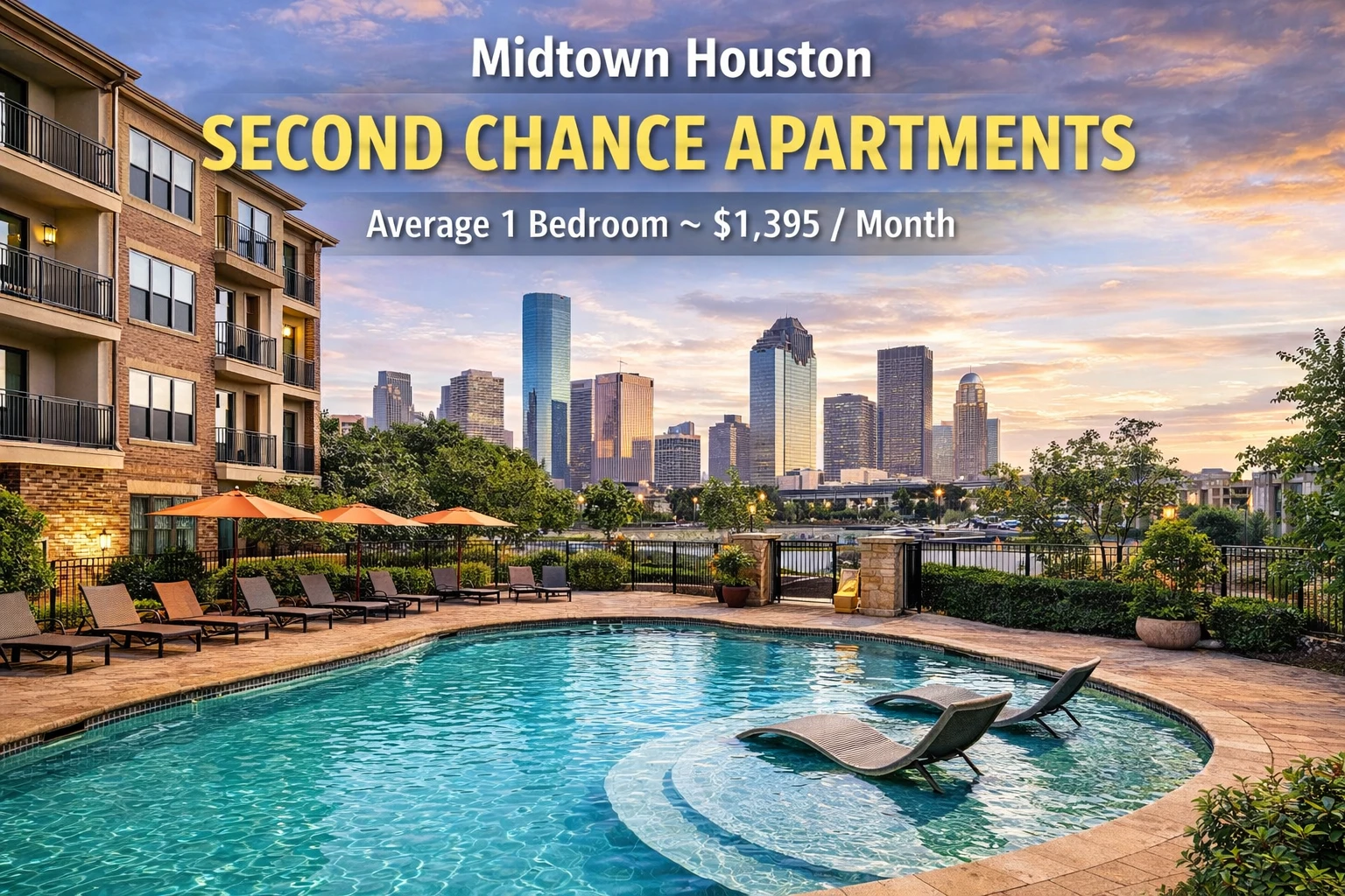 Midtown Houston Second Chance Leasing – Average 1 Bedroom $1,395 (Pool + Gated Access)