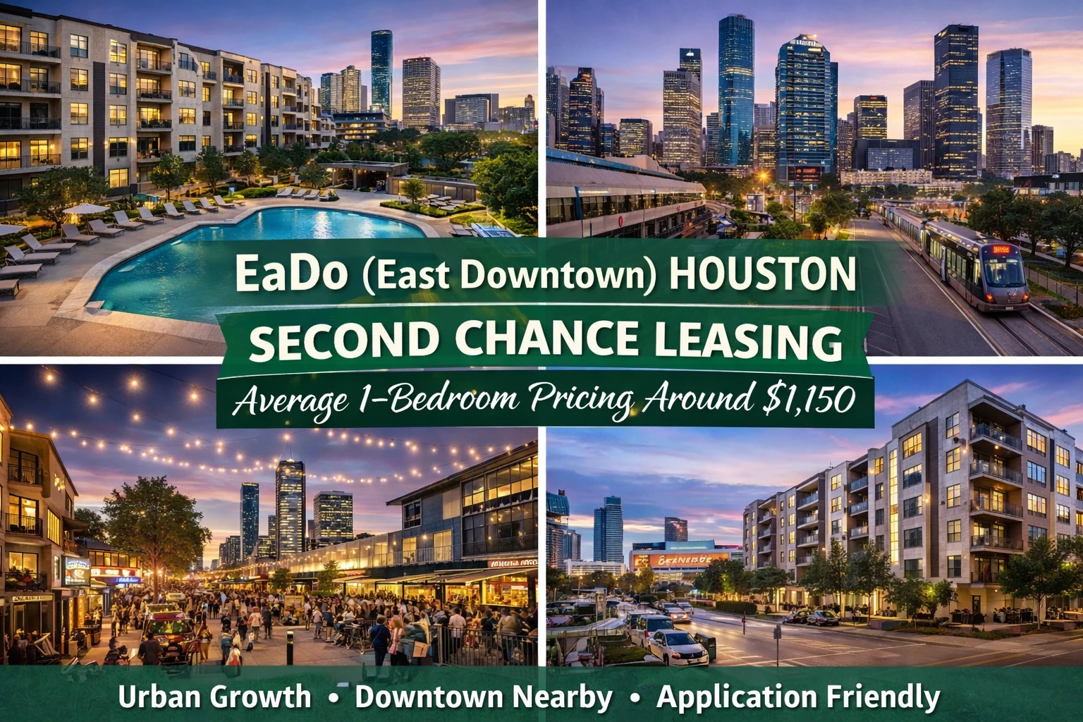 EaDo (East Downtown) Houston Second Chance Leasing – Average 1-Bedroom Pricing Around $1,150 (Urban Growth + Downtown Access)