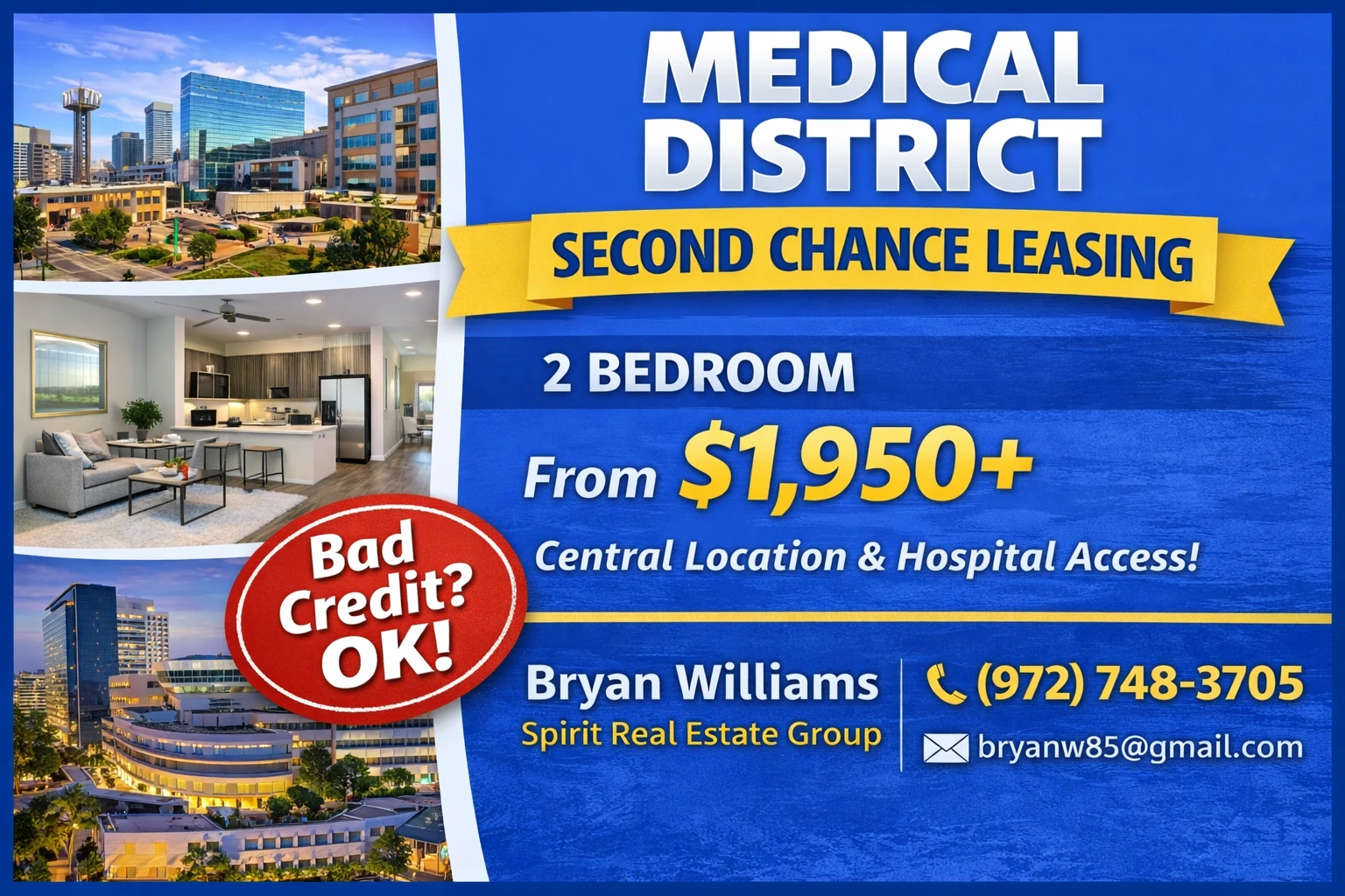 Medical District Second Chance Leasing – 2 Bedroom from $1,950+ (Garage Parking + Central Location)