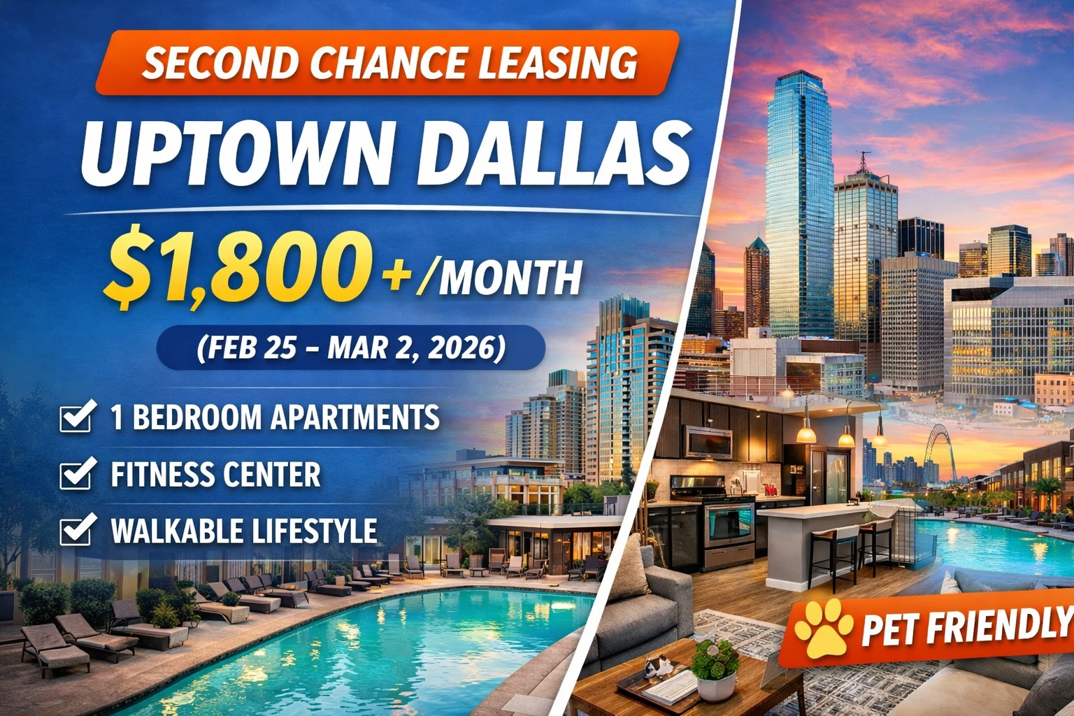 Second Chance Leasing Uptown Dallas — 1 Bedroom from $1,800+ (Feb 25–Mar 2, 2026) • Fitness Center • Walkable Uptown Living
