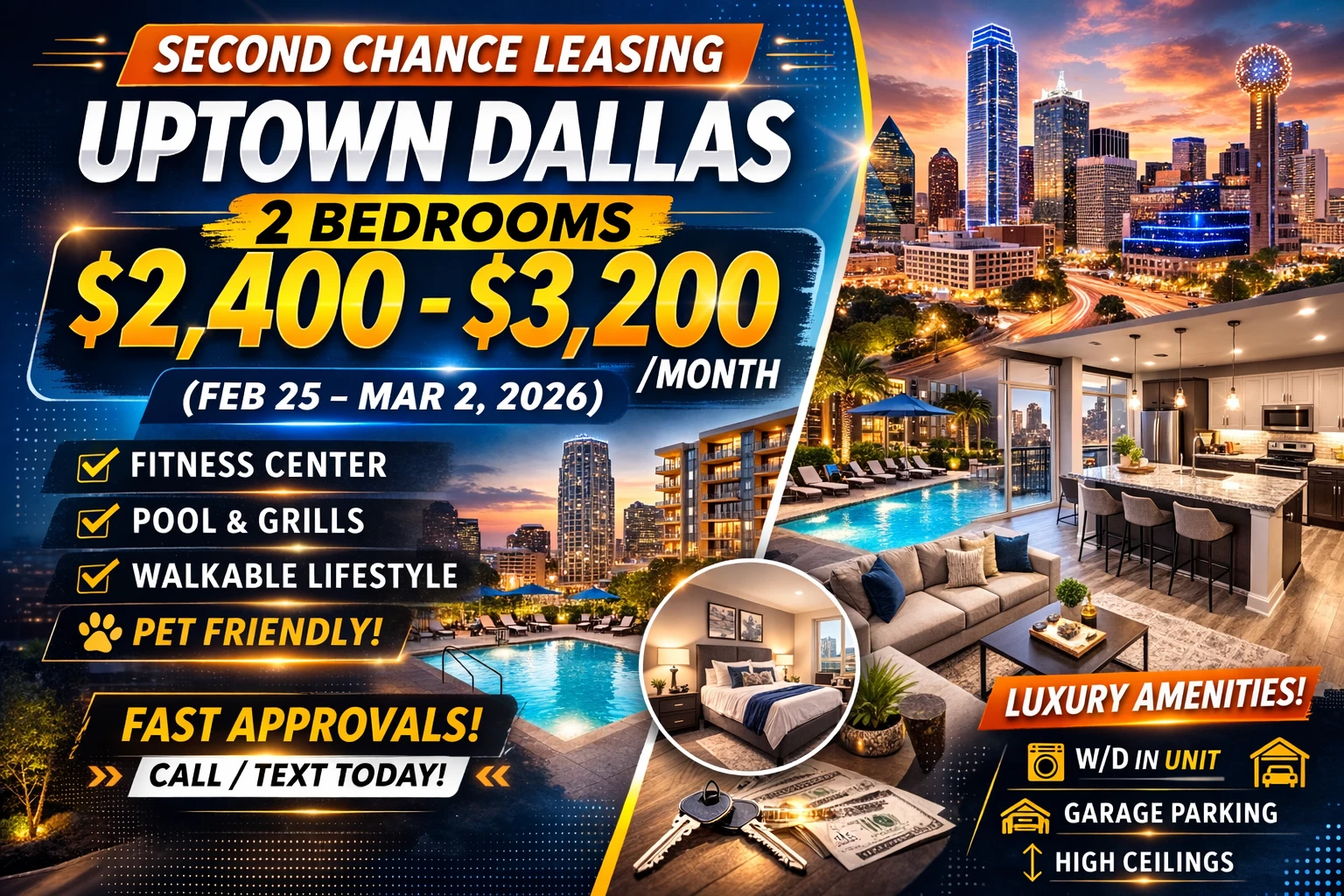 Second Chance Leasing Uptown Dallas — 2 Bedroom from $2,650+ (Feb 25–Mar 2, 2026) • Resort Pool • Walkable Uptown Living