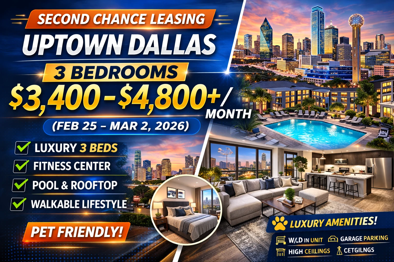 Second Chance Leasing Uptown Dallas — 3 Bedroom from $3,450+ (Feb 25–Mar 2, 2026) • Luxury Amenities • Walkable Uptown Living